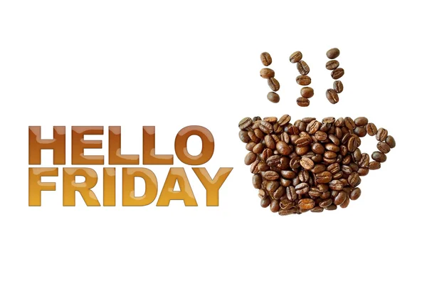 Palavra Olá sexta-feira com grãos de café, forma de xícara de café em b branco — Fotografia de Stock