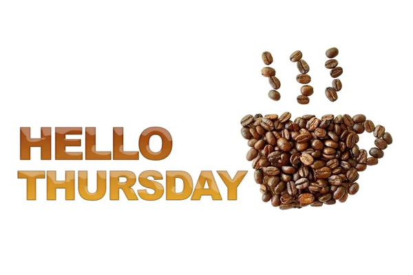 Λέξη Hello Πέμπτη με κόκκους καφέ, Καφές Κύπελλο σχήμα σε λευκό — Φωτογραφία Αρχείου