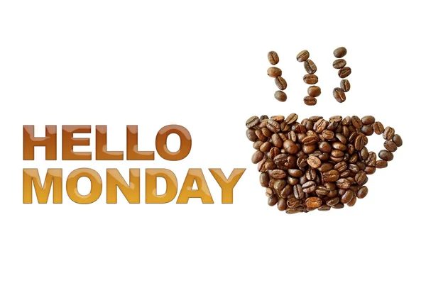 Λέξη Hello Δευτέρα με κόκκους καφέ, καφέ Κύπελλο σχήμα σε λευκό β — Φωτογραφία Αρχείου