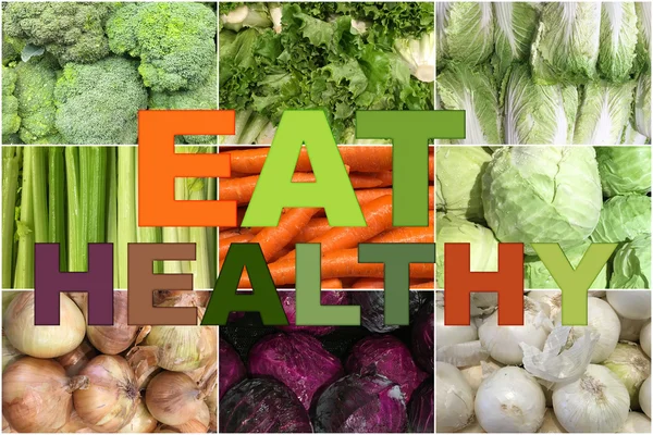 Collage von Gemüse mit Wort gesund ernähren — Stockfoto