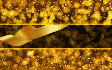 Altın ve siyah bokeh arka plan kopya alanı ve kurdele ile