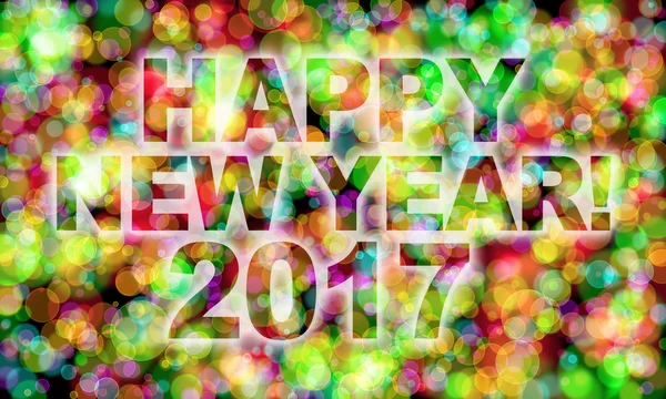 Frohes neues Jahr 2017! Wort auf buntem Bokeh-Hintergrund — Stockfoto