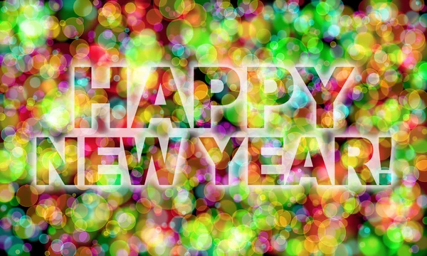 Gelukkig Nieuwjaar! woord op kleurrijke bokeh achtergrond — Stockfoto