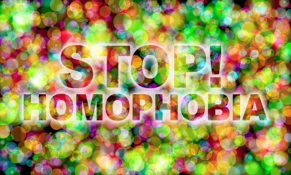 Parem! Homofobia palavra sobre fundo bokeh colorido — Fotografia de Stock
