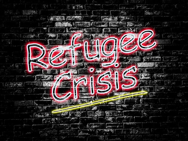 Refugee Crisis sign on old black vintage brick wall background