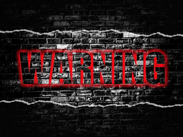 Warning sign on old black vintage brick wall background — Stock Photo, Image