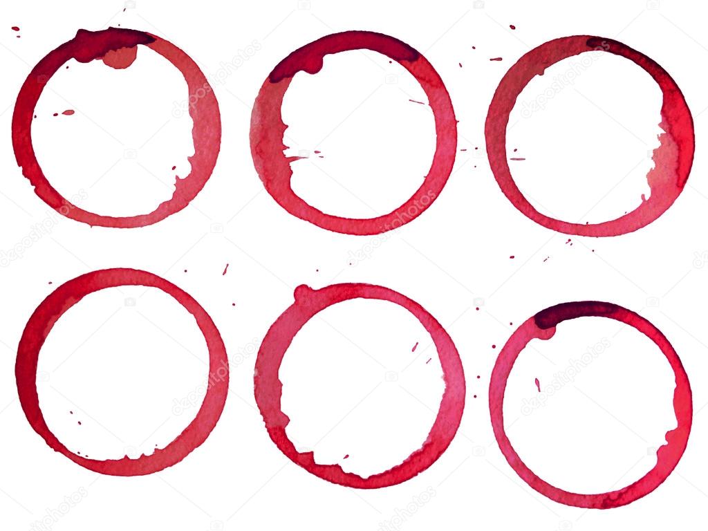 Insieme di macchie di vino rosso isolato su sfondo bianco carta ... Macchie di vino