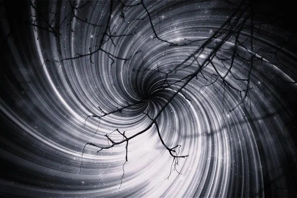 Espiral azul movimiento negro blanco y negro con texto de ramas de árbol —  Fotos de Stock