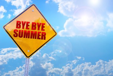 Hoşça kal Hoşça kal yaz kelime sarı trafik işareti mavi gökyüzü arka plan üzerinde