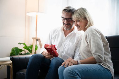 Mutlu son sınıf çifti tatil sezonunda ailelerini vermek için hediye bekliyor. Yaşlılarla mutlu yıldönümleri kavramı. Seçici Odaklı.