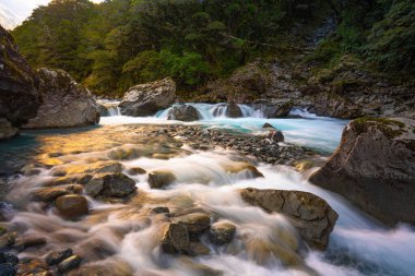 Falls Creek Su Gölü 'nün güzel manzarası Milford Sound Otoyolu boyunca dökülüyor, Fiordland Ulusal Parkı 9679, Yeni Zelanda.