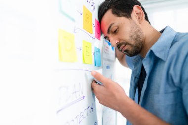 Yorgun ofis çalışanlarının seçici odak noktası toplantı salonundaki sunum yüzünden gergin ve hayal kırıklığına uğramış iş hayatı, hayal kırıklığı işi, stresli sunum, iş yerindeki adam, anksiyete işi..