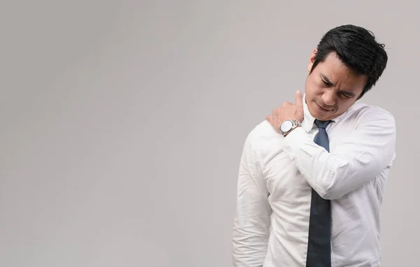 Exhausted Asian Office Worker Rubs His Shoulder Due Back Shoulder — Stock Photo, Image