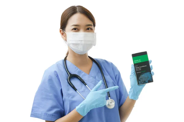Joven Mujer Asiática Uniforme Enfermera Con Estetoscopio Usando Mascarilla Protectora — Foto de Stock