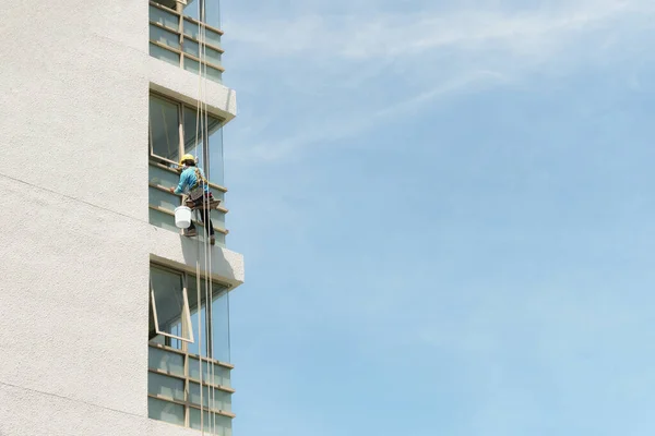 Out door shot of unknown painter labor abseiling to maintenance the building outdoor, Renovation and construction service professional worker on duty. Building improvement services.