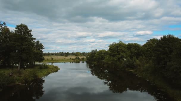 Літній пейзаж, річка, ліс, небо з хмарами — стокове відео