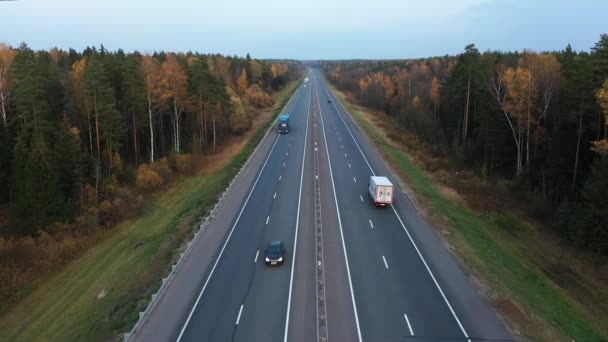 Voler le long de l'autoroute avec des voitures et des camions dans la forêt d'automne Clip Vidéo
