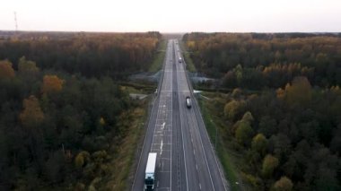 4K arabadaki hava manzarası nehrin karşısındaki sonbahar ormanı boyunca yol alıyor.
