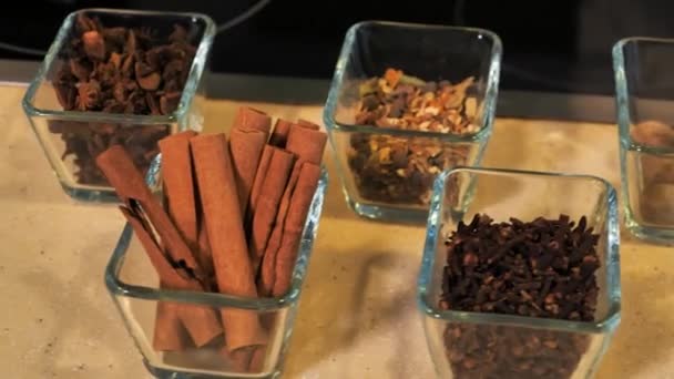 Olika kryddor för smaksättning av glögg vintertid — Stockvideo
