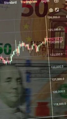 Finansal ticaret şeması ve avro ve ABD dolar banknotları, döviz kurları, yatırım piyasaları ve küresel ekonomik eğilimler ve dengesizliği sembolize ediyor. Bitcoin fiyat dinamikleri