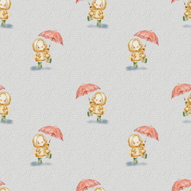 Renkli suluboya deseninde sarı yağmurluk giymiş, elinde pembe şemsiye tutan bir yavru var. Kumaş ve ambalaj için mükemmel..