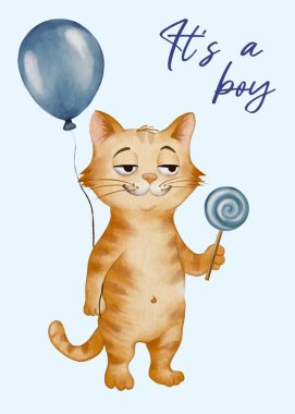 Turuncu çizgili bir kedi, elinde mavi bir balon ve girdaplı bir lolipop tutarken gülümsüyor..
