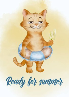 Yüzme ringinde giyinmiş bir çizgi film kedisi buzlu dondurmadan zevk alır ve yaz etkinlikleri için heyecan gösterir..