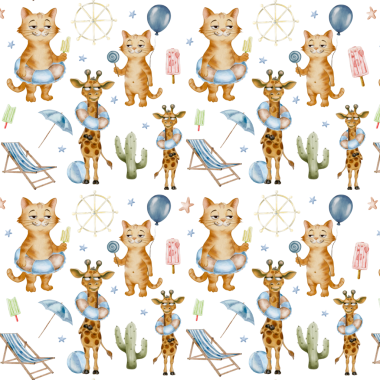 Şablon, balon, buz çubuğu ve beyaz arka planda iskemle gibi yaz eşyalarıyla oyuncu kediler ve zürafalar gösteriyor..