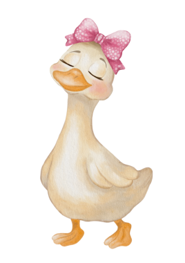 Pembe fiyonklu bir ördek beyaz arka planda mutlu bir şekilde yürür. Bu tasarım ambalaj ve dekor için kullanılabilir.