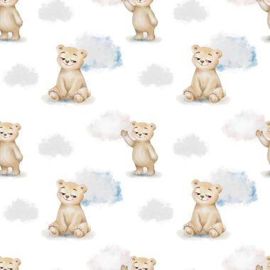 Bu tasarım beyaz bir zemin üzerinde yumuşak bulutlarla etkileşen oyuncu ayıları içerir. Paket ve dekor için ideal.