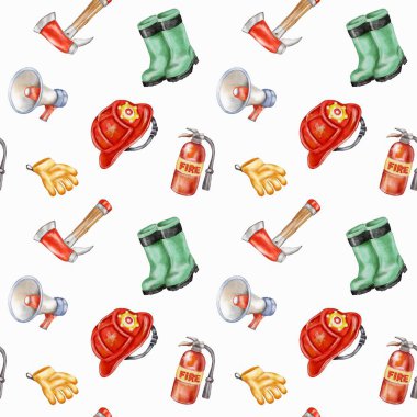 Botlar, kasklar ve beyaz arka planda baltalar gibi çeşitli itfaiye ekipmanları. Paketlemek için ideal..