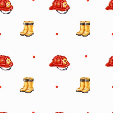 Bu tasarım beyaz arka planda tekrarlanan itfaiyeci şapkaları ve çizmelerinin bir modelini içerir. Çeşitli kağıt kullanımları için ideal.