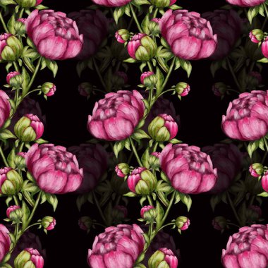 Bu tasarım, çeşitli kullanımlar için koyu bir arkaplan üzerinde pembe çiçek ve tomurcuklardan oluşan pürüzsüz bir desen içerir..