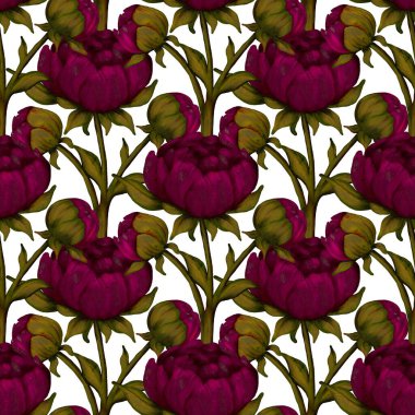 Bu desen, ambalaj ve duvar kağıdı tasarımı için uygun beyaz arkaplan üzerinde zengin renkte çiçekler içerir.