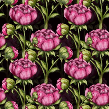 Yeşil saplı pembe çiçekler kumaş ve duvar kâğıdı için uygun, pürüzsüz bir desen..