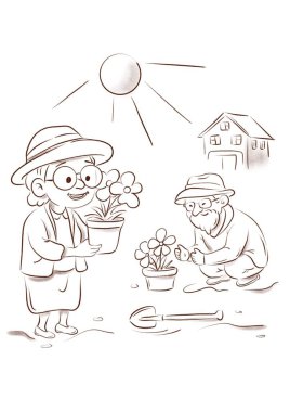 Yaşlı bir çift arka bahçelerinde güneşin altında birlikte çiçek yetiştiriyor. Gülümser ve neşeli bir anı paylaşırlar..