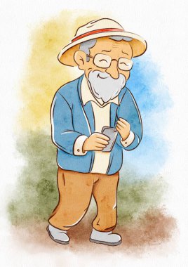 Yaşlı bir adam akıllı telefonuna bakarken yürür. Dostane bir gülüşü, mavi bir ceketi ve şapkası var..