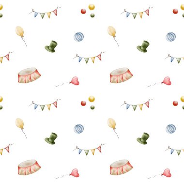 Beyaz bir arkaplanda balon, şapka, kalp ve afişlerin tekrarlanan deseni.