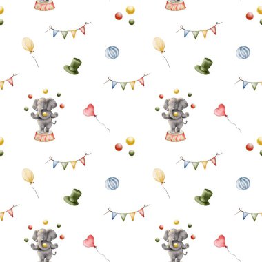 Bu tasarım beyaz arka planda filler, balonlar, şapkalar ve dekorasyonlar ile eğlenceli bir desen içerir..