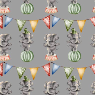 Bu şablon renkli bayraklı balkabakları üzerinde duran eğlenceli filleri, yaratıcı projeler ve paketleme için idealleri içerir..