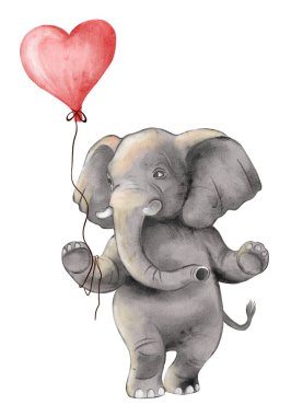 Küçük bir fil durur ve elinde bir kalp şeklinde kırmızı bir balon tutar. Beyaz renkte suluboya şeklinde gösterilir..