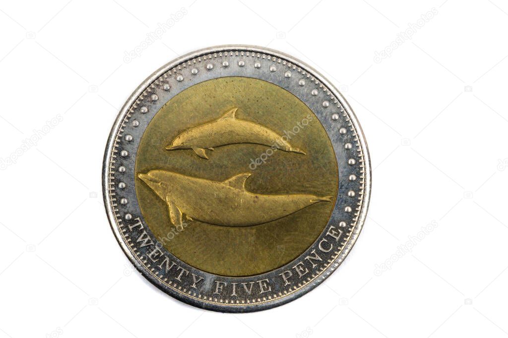 A close up view of a Twenty Five Pence coin from Tristan Da Cunha