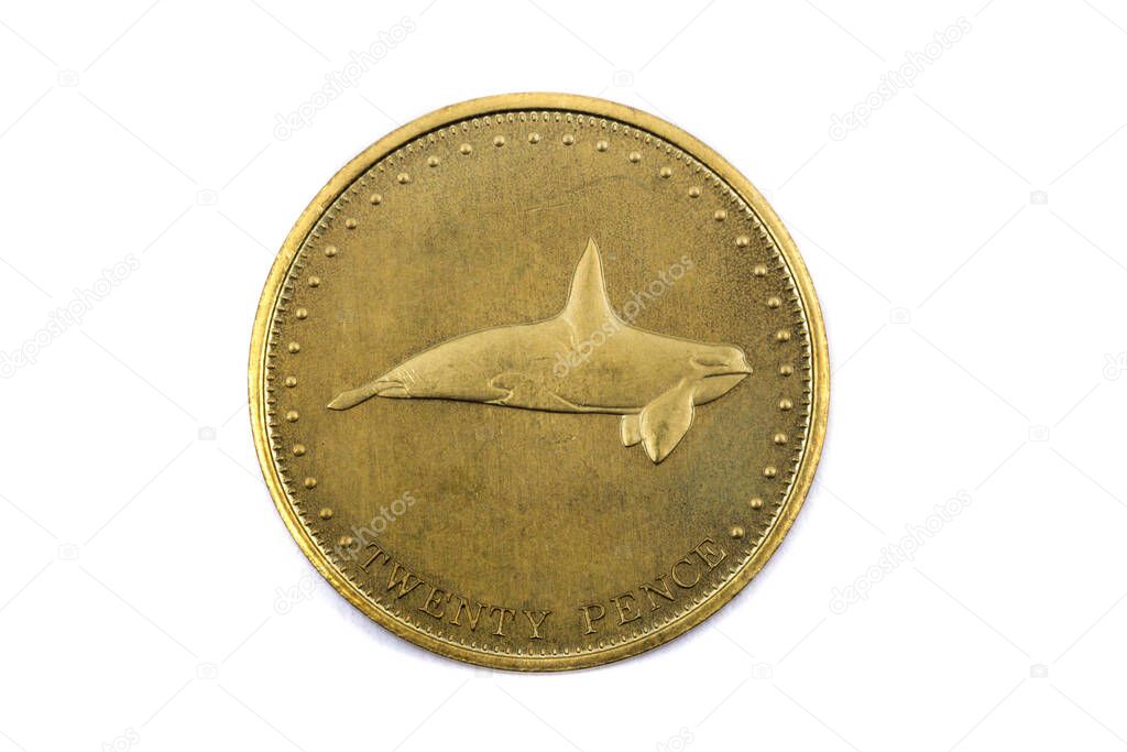 A close up view of a Twenty Pence Coin from Tristan Da Cunha