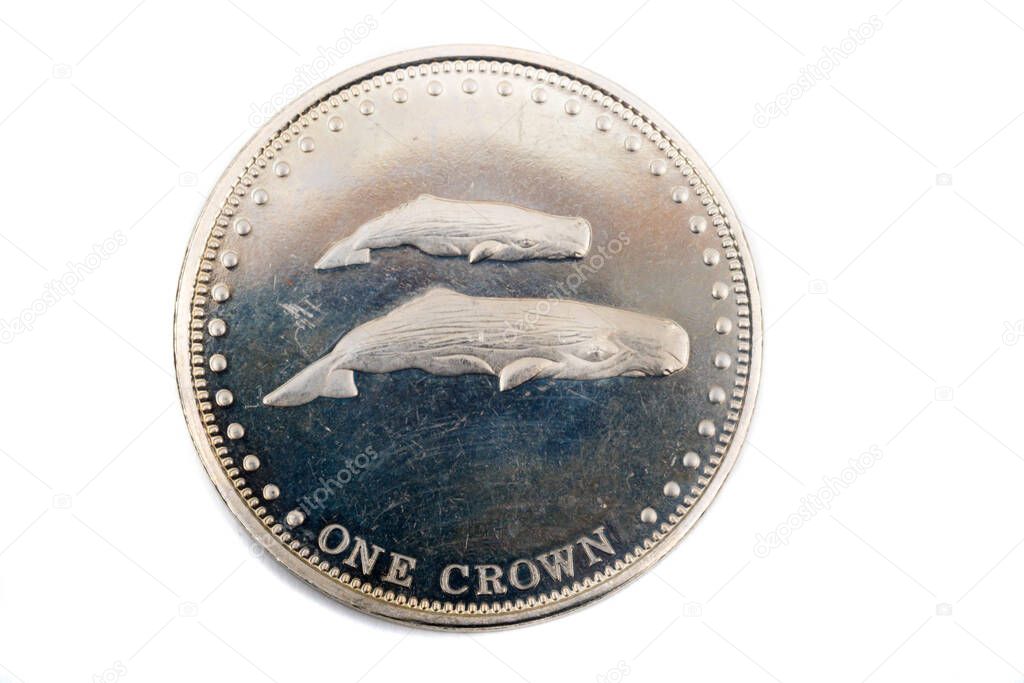 A close up view of a One Crown Coin from Tristan Da Cunha
