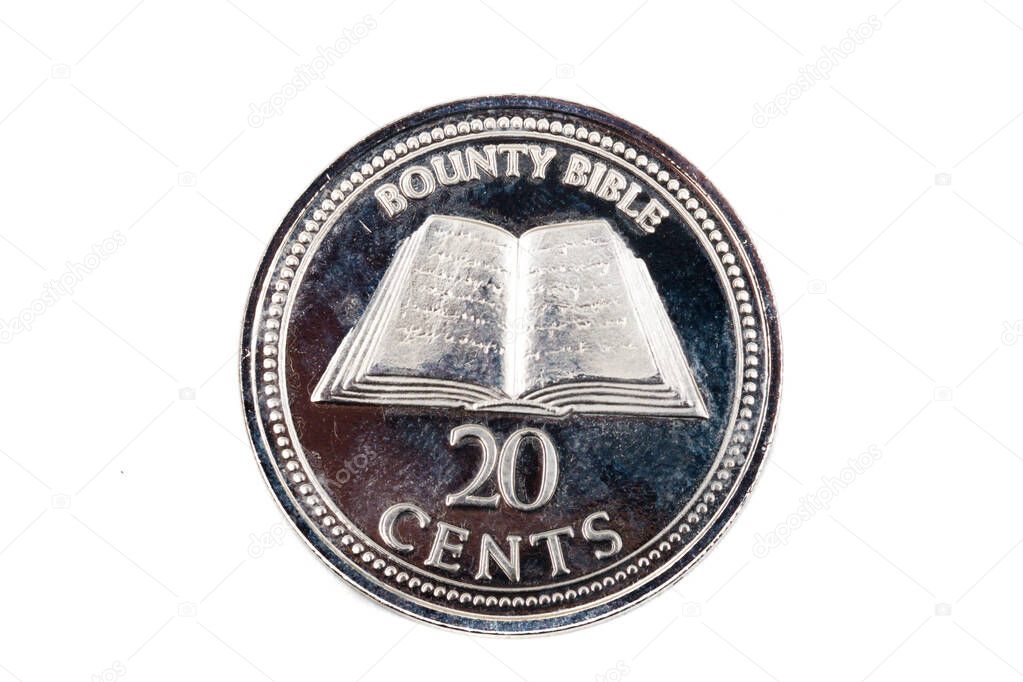 A close up view of a Twenty Cents coin from The Pitcairn Islands