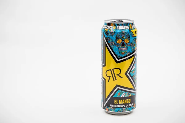 London 2020 Can Rockstar Mango Energy Drink Isolated White Background — 스톡 사진