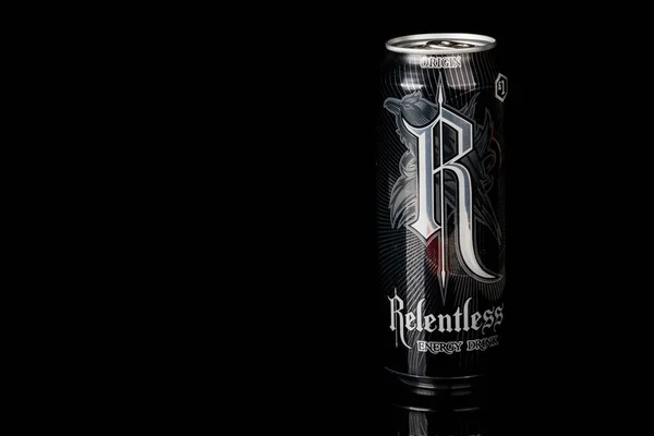 2020 Can Relentless Origin Energy Drink Isolated Black Background — 스톡 사진