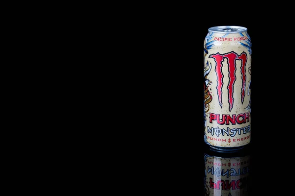 2020 Can Monster Pacific Punch Energy Drink Isolated Black Background — 스톡 사진