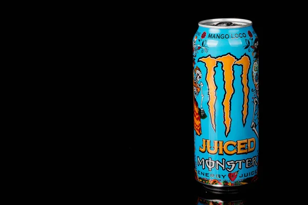 2020 Can Monster Mango Loco Energy Drink Isolated Black Background — 스톡 사진