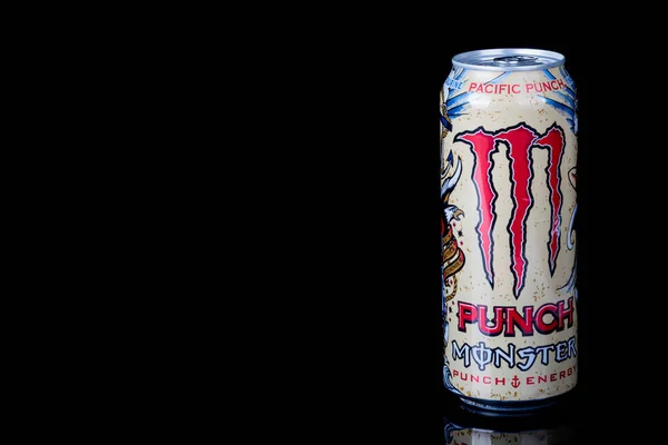 2020 Can Monster Pacific Punch Energy Drink Isolated Black Background — 스톡 사진